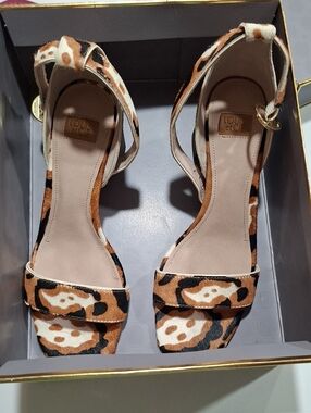 Real COW hair Louise et Cie Leopard Print Ankle Strap Heels in Brown Black White
